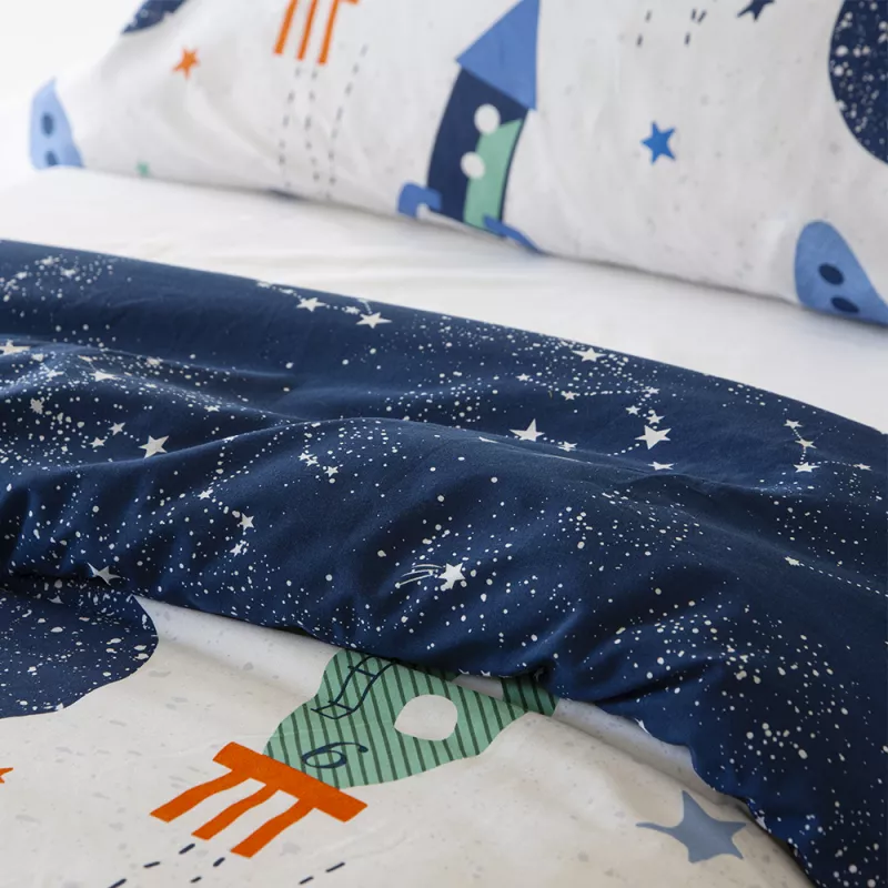 funda nórdica infantil juvenil poliéster algodón azul con cohetes reversible